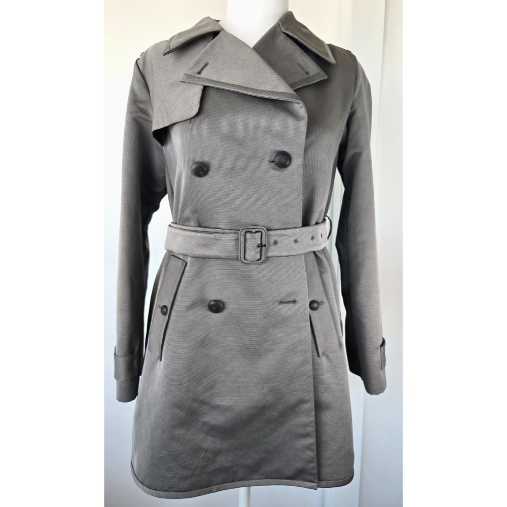 Miu Miu Trench Coat Grey Textured Striped Jacket w/Belt Midi Length Quiet Luxury